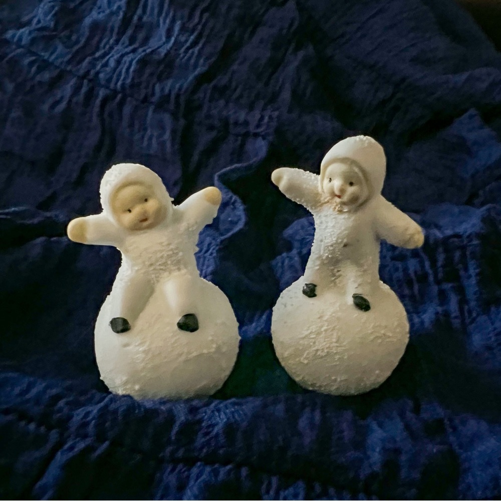 Set of Two Vintage Shackman Bisque Snow Babies on Snowballs